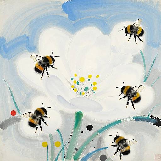 Watercolor painting of five bumblebees hovering around a white, blooming flower with yellow and green dots, set against a blue and white sky