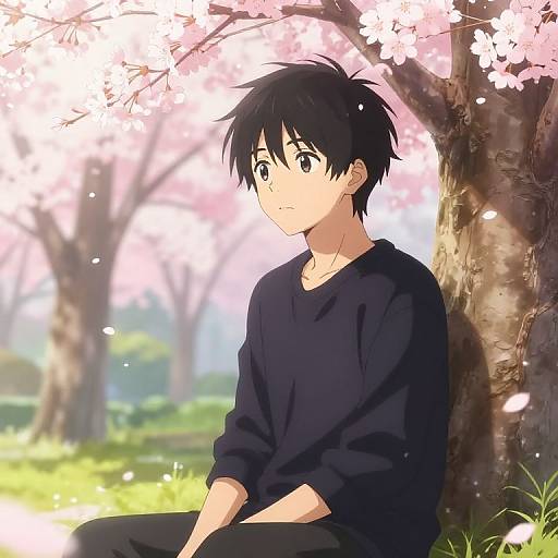 Anime-style drawing of a black-haired boy with wide eyes, wearing a black shirt, sitting under a cherry blossom tree in a sunny, grassy park