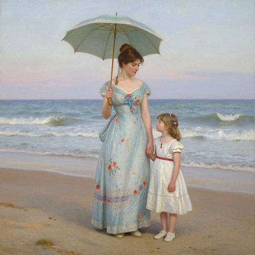 Photograph of a woman in a light blue floral dress with an umbrella, holding hands with a young girl in a white dress on a beach with gentle