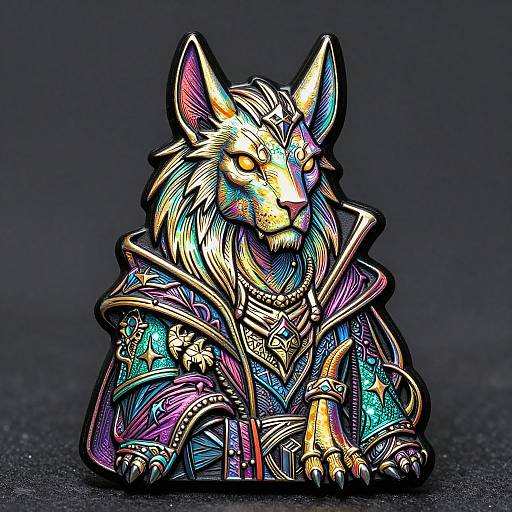 Digital artwork of a vividly colored, anthropomorphic wolf in ornate, fantasy armor with glowing accents, set against a dark gradient background.