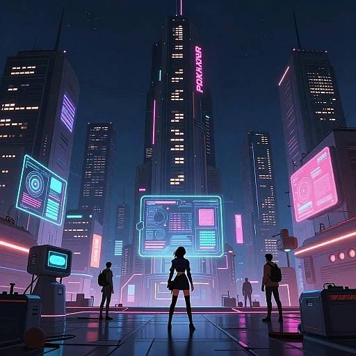 Cyberpunk cityscape at night, neon lights, futuristic skyscrapers, silhouetted figures, vibrant blue, pink, and purple neon
