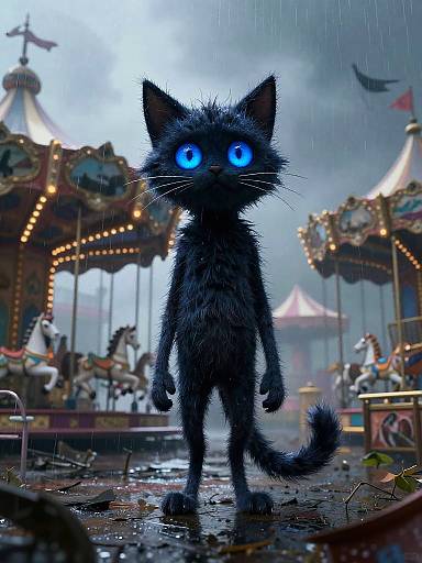 Digital artwork of a black, fluffy cat with glowing blue eyes standing in the rain at a colorful, illuminated carnival.