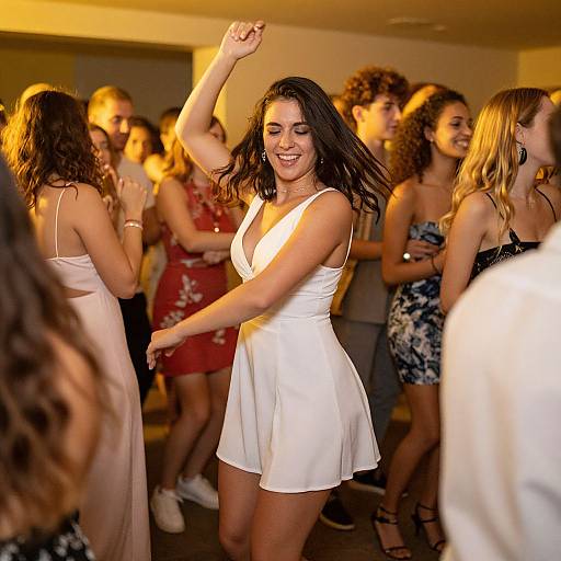 Photograph of a lively party: smiling brunette woman in white dress dances joyfully, surrounded by diverse, stylishly dressed friends, warm yellow lighting.