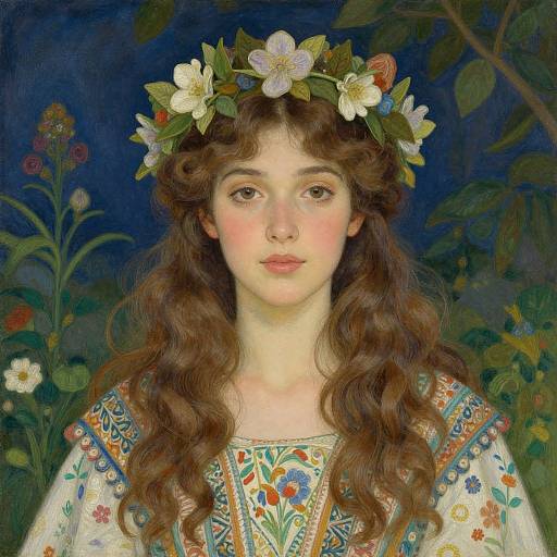 Digital painting of a young woman with long, wavy brown hair, wearing a floral crown and intricate, embroidered dress, set against a dark, botanical