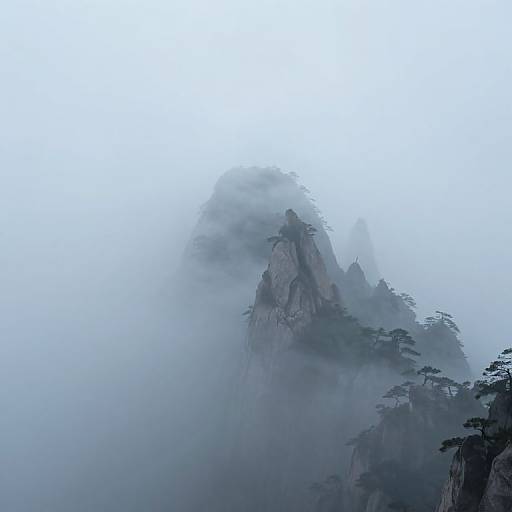 Photograph of mist-covered rocky mountain peak with sparse, windblown trees, shrouded in dense fog, creating a mysterious, ethereal atmosphere