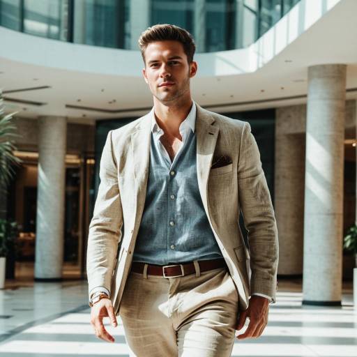 Confident man in beige suit walking indoors