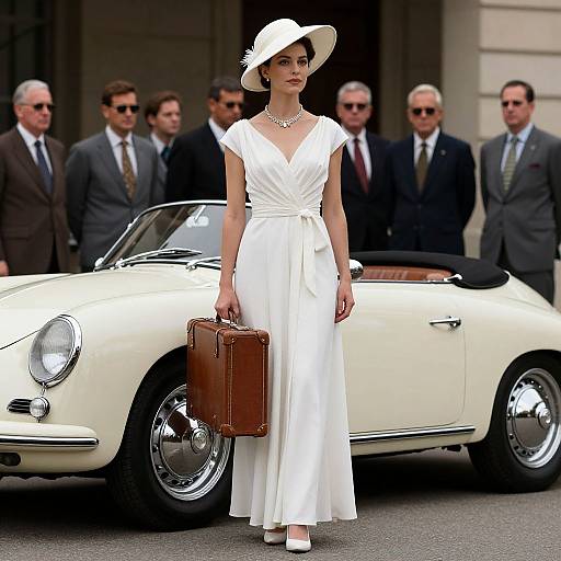 Photograph of a sophisticated woman in a white dress and hat, holding a brown briefcase, standing in front of a classic cream-colored convertible, with