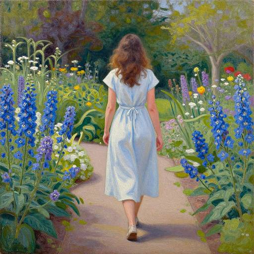 Digital painting of a woman in a white dress walking down a garden path, surrounded by vibrant blue, yellow, and purple flowers.