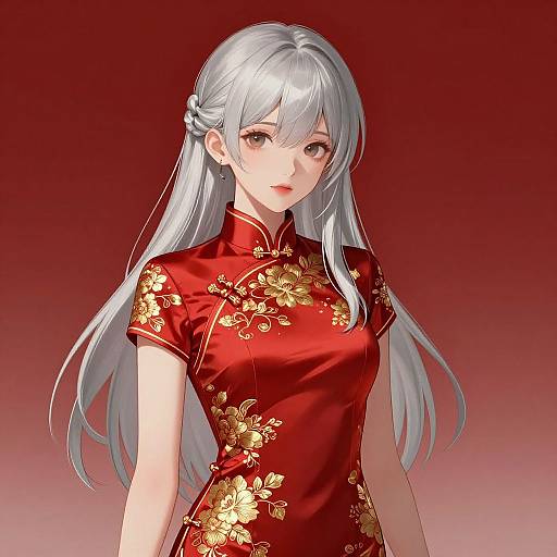 Digital anime-style portrait of a fair-skinned, silver-haired woman in a red, gold-embroidered traditional Chinese dress, set against a gradient