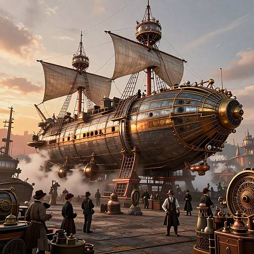 Photograph-style digital artwork of a steampunk-style airship with brass and wood details, large sails, and smoke, surrounded by people in period