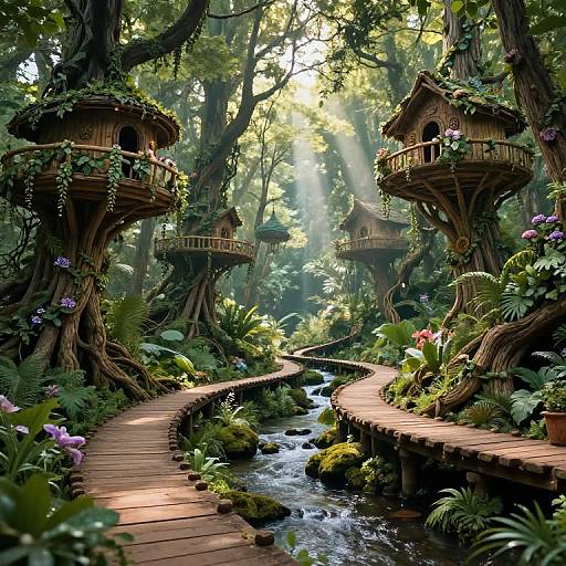 Fantastical forest scene: lush greenery, sunlight filtering through trees, curved wooden bridges, elevated treehouses with balconies, vibrant flowers, winding