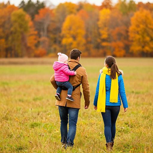 Photograph of a family walking in an autumn field; man in brown coat carrying pink-clad child, woman in blue with yellow scarf.