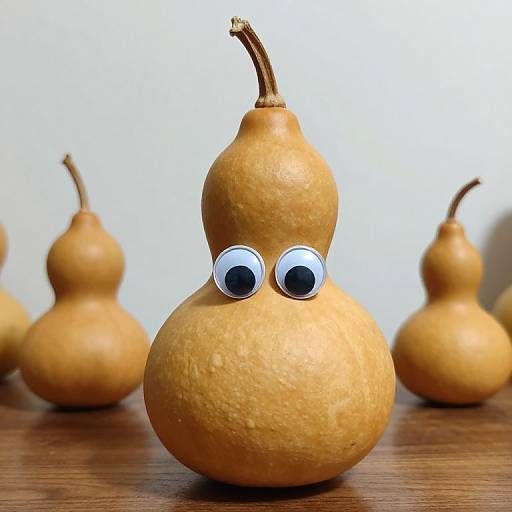 Photograph of a yellow pear with two large, round, white eyes, standing on a wooden surface with blurred, similar pears in the background.