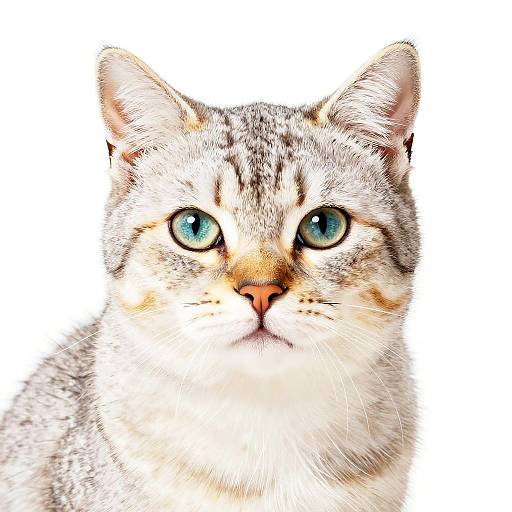Close-up photograph of a gray tabby cat with bright blue eyes and a pink nose, set against a plain white background.