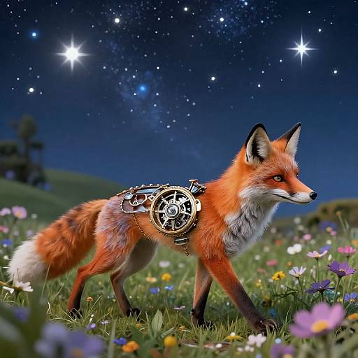 Digital artwork of a red fox with a futuristic, gear-filled backpack, walking through a starry night field of colorful flowers.