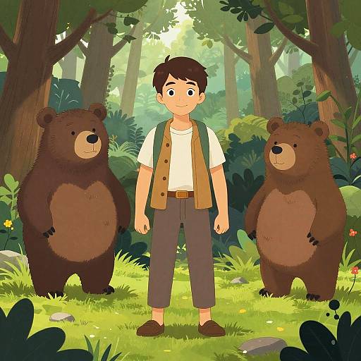 Young Man with Three Bears in Jungle