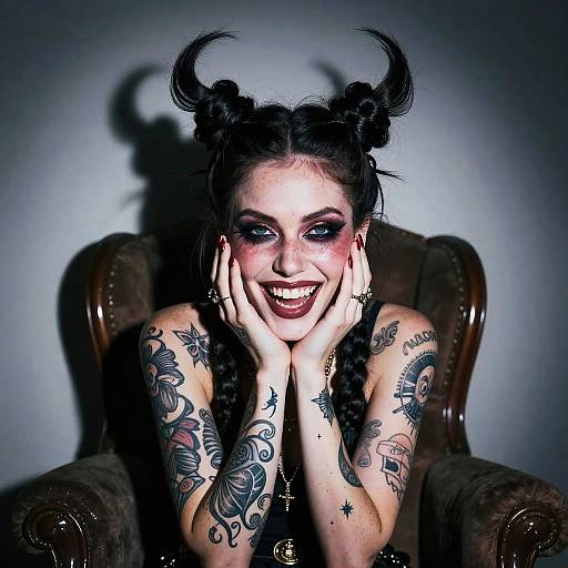 Tattooed woman with black horns, blue eyeshadow, dark lipstick, and braided hair, smiles widely, hands on cheeks, seated