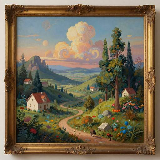 Vibrant, detailed oil painting of a picturesque countryside with colorful flowers, winding path, houses, trees, and a cloud-filled sunset sky, framed