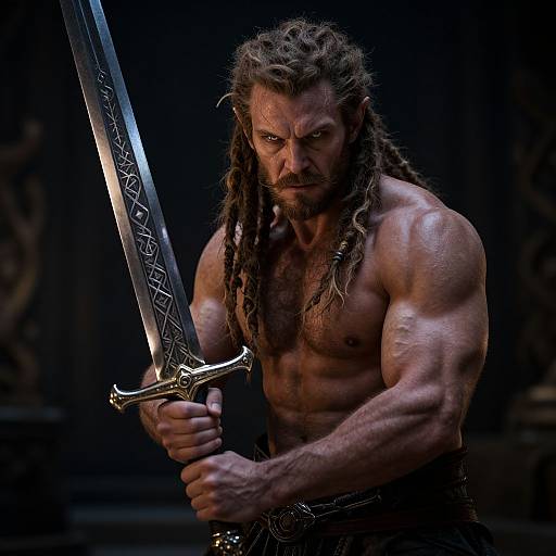Muscular, shirtless man with dreadlocks holds an ornate sword, intense expression, dark background, CGI image, fantasy warrior style.