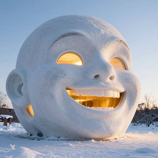Photograph of a large, white, snow-sculpted face with a wide, glowing smile and round eyes, set in a snowy outdoor landscape