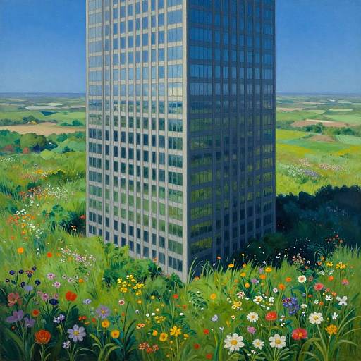 Digital painting of a modern skyscraper surrounded by vibrant wildflowers and greenery, under a clear blue sky. Urban nature contrast.