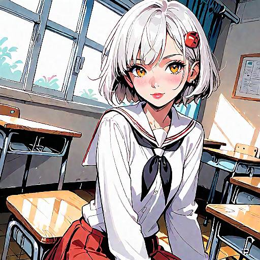 Anime-style digital drawing of a cute, white-haired girl with yellow eyes, wearing a sailor school uniform, sitting in a sunlit classroom.