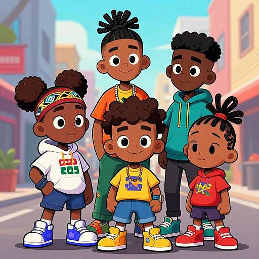 Digital illustration of five Black children with afros, standing on a sunny urban street, wearing colorful clothes and sneakers.