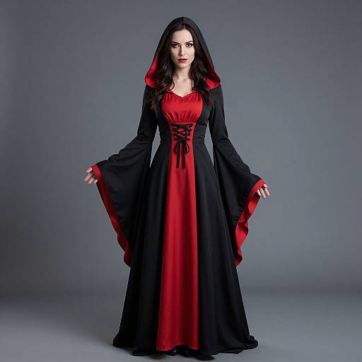Photograph of a pale-skinned woman with dark hair, wearing a black and red Gothic-style dress with long sleeves and red lining, standing against a