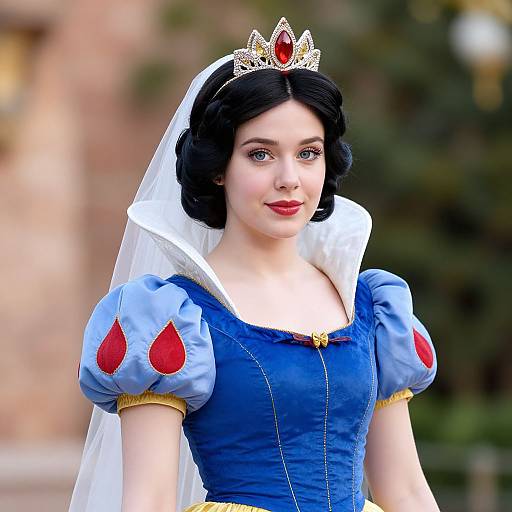 Photograph of a fair-skinned woman with black hair in a blue Disney Snow White costume, red puffy sleeves, white veil, gold-trim