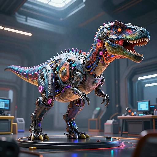 CGI image of a robotic, neon-lit, colorful dinosaur with glowing red eyes and sharp teeth, standing in a futuristic, dimly-lit