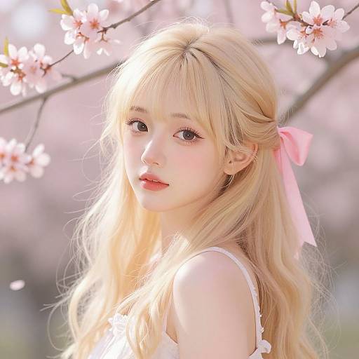 Photograph of a young Asian woman with long, blonde hair, pink ribbon, and delicate white dress, standing among blooming cherry blossoms, bath