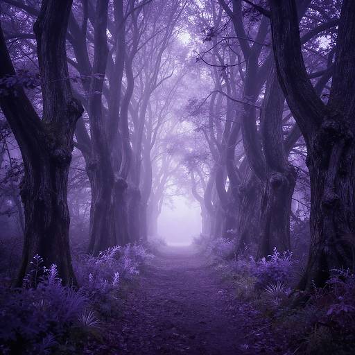 Photograph of a mystical, purple-tinted forest with towering, mist-covered trees, glowing white light at the path's end, and vibrant purple