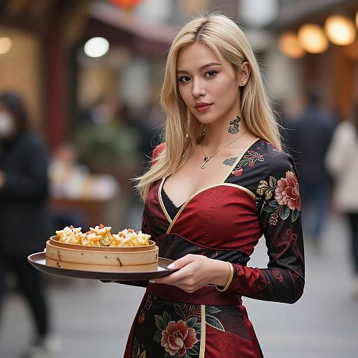 Blonde woman with fair skin, wearing a floral red and black dress, holds a bamboo steamer with dumplings on a bustling street. Photoreal
