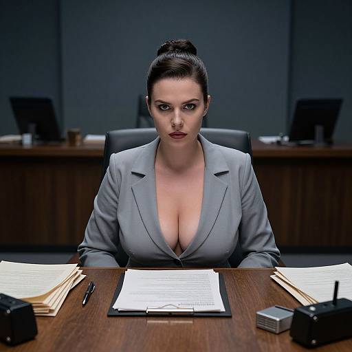 Photograph of a serious, dark-haired woman with fair skin and large breasts in a low-cut gray blazer, sitting at a desk in a dim