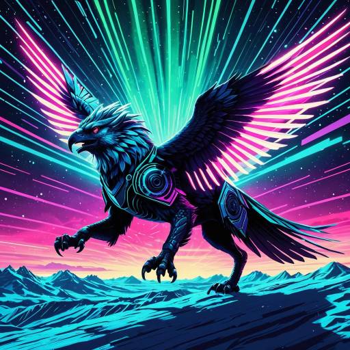 Synthwave Neon Gryphon in Futuristic Tundra Synthwave Neon Gryphon in Futuristic Tundra