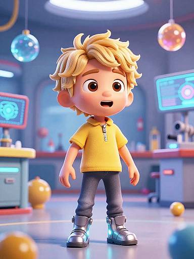 CGI cartoon of a blond boy with large eyes, yellow shirt, black pants, and gray shoes, standing in a futuristic lab with colorful hanging lights