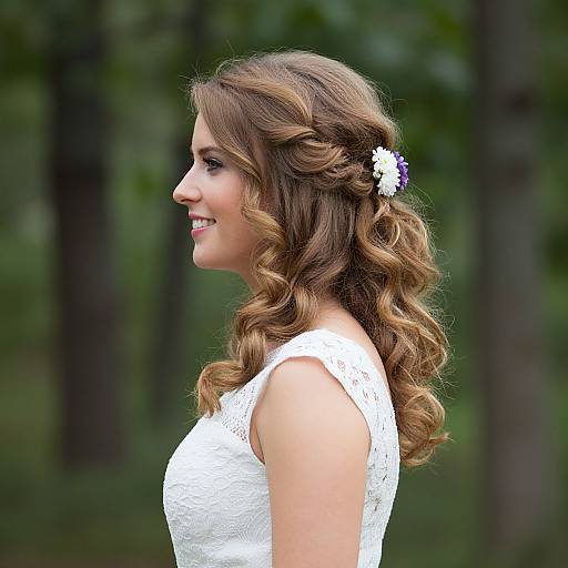 Photograph of a smiling woman with wavy brown hair, white lace dress, and white and purple flower hairpiece, in a forest background.