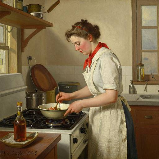 Digital painting of a 1930s-style woman in a white apron, stirring a pot on a gas stove in a warm, sunlit kitchen