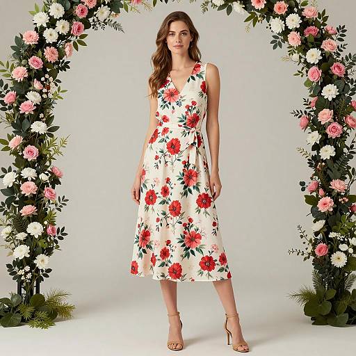 Woman in Floral Midi Dress with Floral Arches