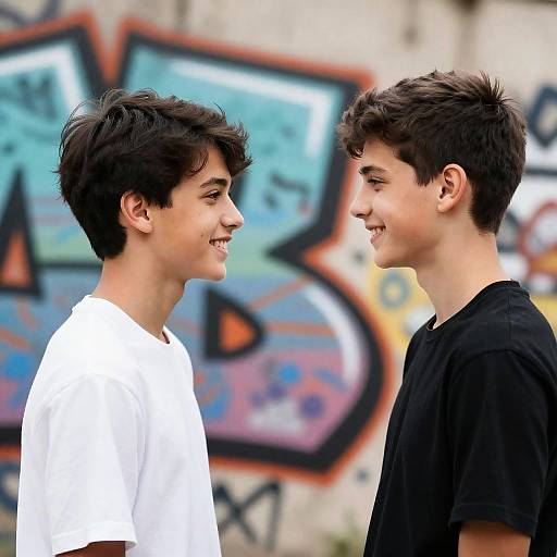 Teenage Boys Smiling by Graffiti Wall