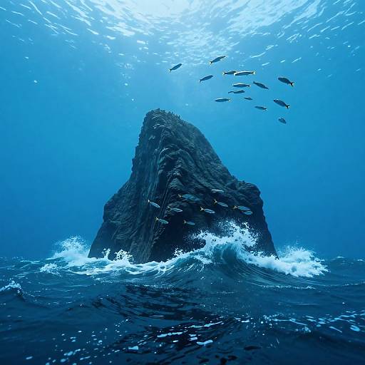 Photograph of a towering underwater rock formation, surrounded by swirling blue ocean water, with schools of silver fish swimming above. Sunlight filters from the surface