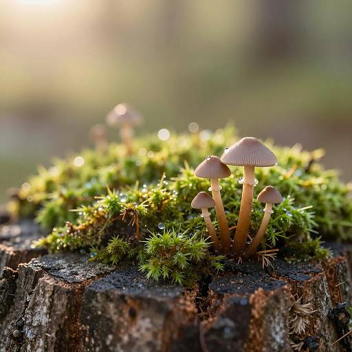 Vibrant Macro: Dewy Moss and Mushrooms