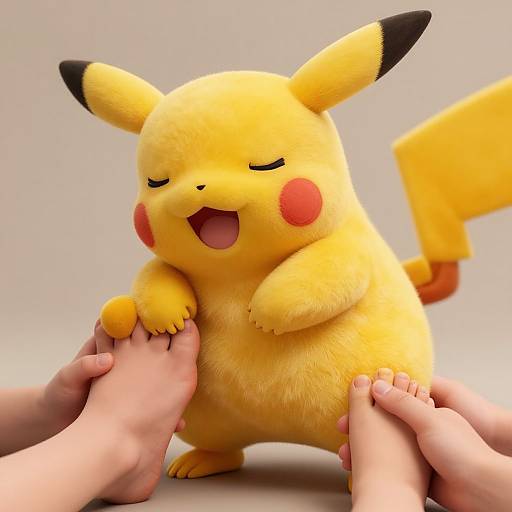 Photograph of a plush Pikachu standing on two human feet, joyfully smiling with eyes closed, surrounded by soft yellow fur.