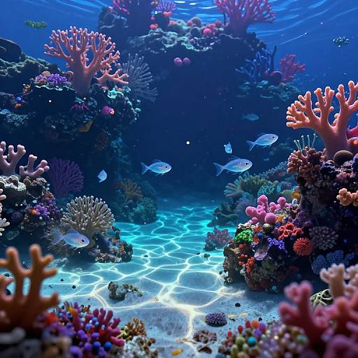 Vibrant underwater photograph of a coral reef with colorful corals, pink and purple coral, clear blue water, and small translucent fish swimming among rocky
