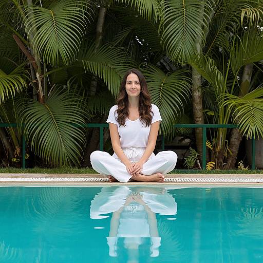 Photograph of a smiling woman with long brown hair, wearing a white outfit, sitting cross-legged by a clear blue pool, surrounded by lush green palm