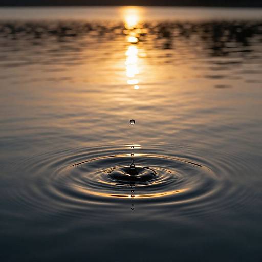Photograph of a single water droplet hitting a calm lake, creating ripples, with a bright sunset reflected on the water.