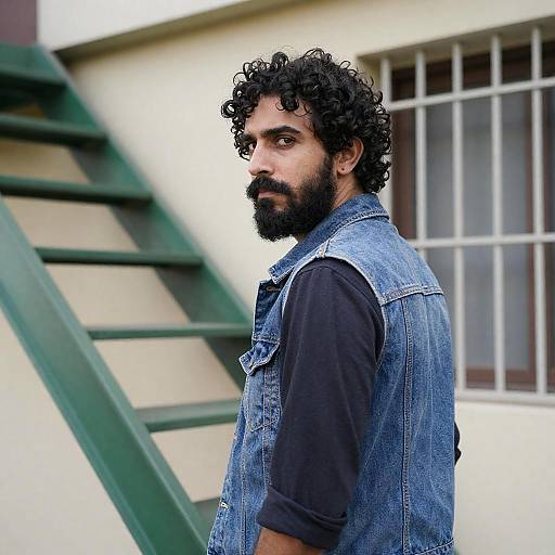 Serious Man with Denim Vest Beside Staircase