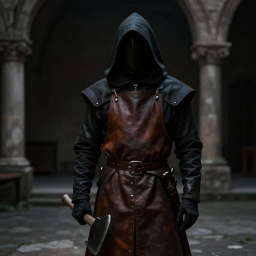 Mysterious hooded figure in dark leather and brown apron, holding a knife, standing in a dimly lit, Gothic archway courtyard.