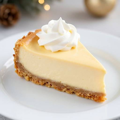 Photograph of a slice of creamy cheesecake with a golden-brown crust, topped with a swirl of white whipped cream, on a white plate.