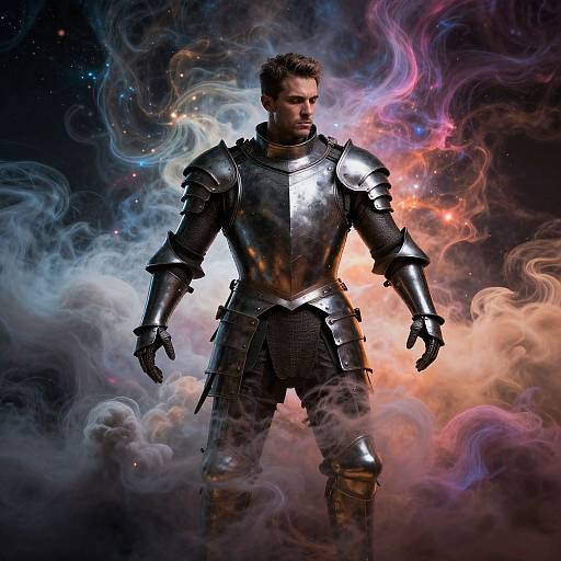 Photorealistic digital artwork of a muscular, bearded man in shiny silver medieval armor, standing amidst colorful, swirling cosmic smoke.